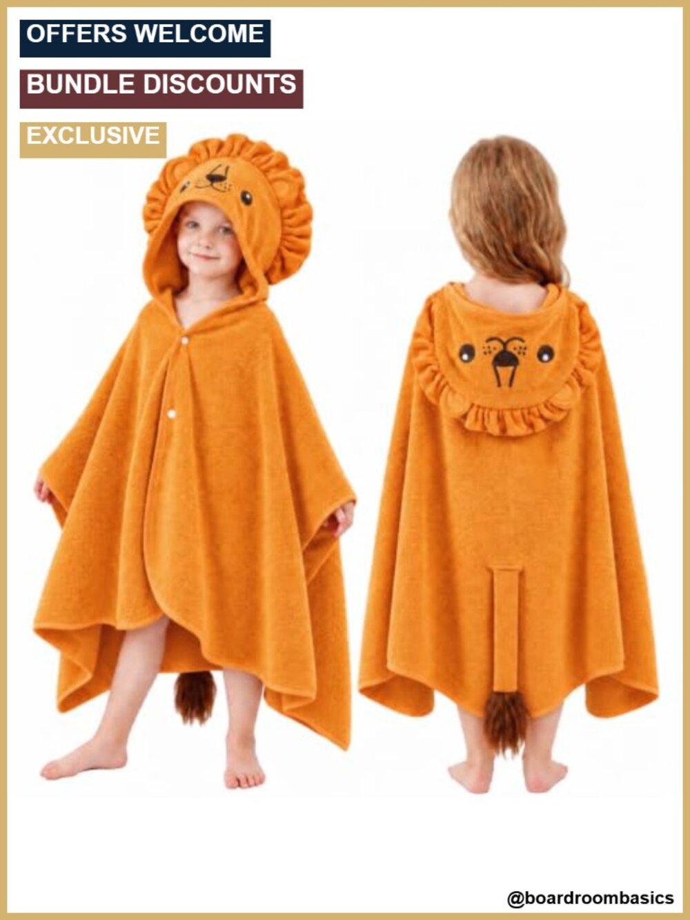 Kids Hooded Towel 100% Cotton 50x30 Lion Bath Wrap for Ages 3-10